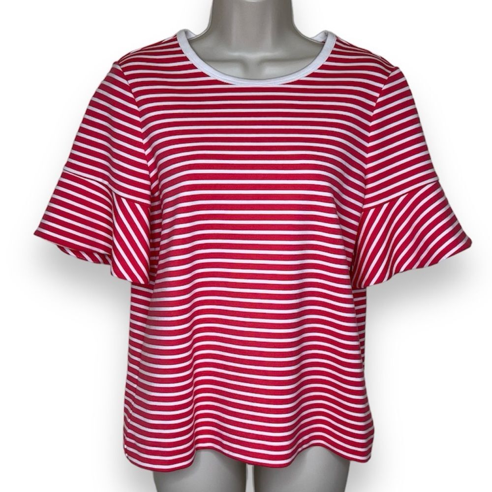 Draper James Ponte Sailor Stripe Coral White Flutter Sleeve Shirt Women Small